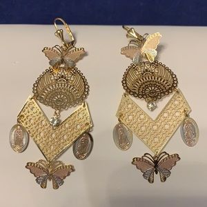 Beautiful Filigree Gold Filled Dangle Earrings Virgin Of Guadalupe Tricolor